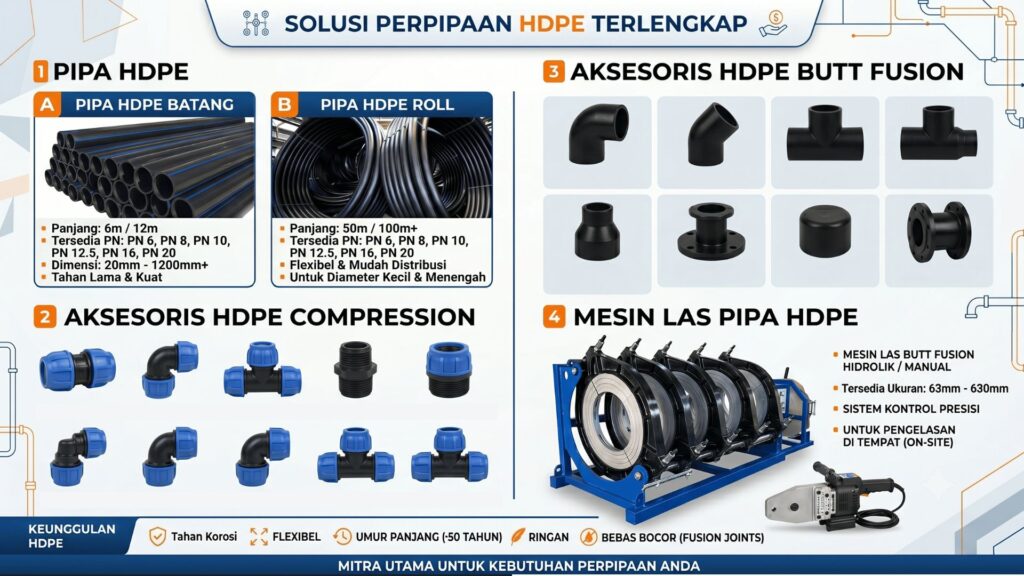 solusi perpipaan hdpe, pipa hdpe, distributor pipa hdpe, supplier pipa hdpe, jual pipa hdpe, harga pipa hdpe, pipa hdpe batang, pipa hdpe roll, pipa hdpe gulungan, pipa pe 100, pipa saluran air bersih hdpe, pipa air hdpe, pipa hdpe pn 6, pipa hdpe pn 8, pipa hdpe pn 10, pipa hdpe pn 12.5, pipa hdpe pn 16, pipa hdpe pn 20, pipa hdpe ukuran 20mm, pipa hdpe 1200mm, aksesoris hdpe compression, fitting compression hdpe, sambungan pipa compression, aksesoris hdpe butt fusion, fitting butt fusion hdpe, sambungan las hdpe, fitting hdpe pe 100, sambungan pipa hdpe, mesin las pipa hdpe, alat las pipa hdpe, mesin butt fusion hidrolik, mesin butt fusion manual, hdpe welding machine, alat penyambung pipa hdpe, mesin las hdpe 63mm - 630mm, mesin las hdpe on-site, sistem kontrol presisi las hdpe, pipa hdpe tahan korosi, pipa hdpe fleksibel, pipa hdpe umur panjang, pipa tahan 50 tahun, pipa hdpe ringan, sambungan bebas bocor, fusion joints hdpe, instalasi pipa hdpe, proyek perpipaan hdpe